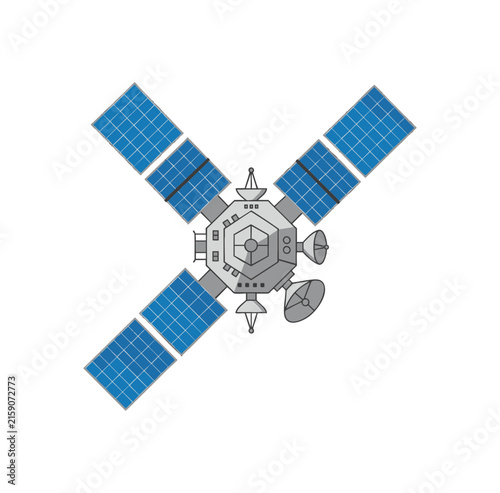 Flat vector illustration of an artificial satellite orbiting in outer space.