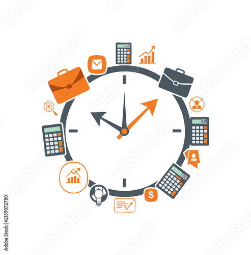 Business time management concept with clock and office icons.