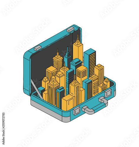 Isometric illustration of a city skyline inside an open blue business briefcase.