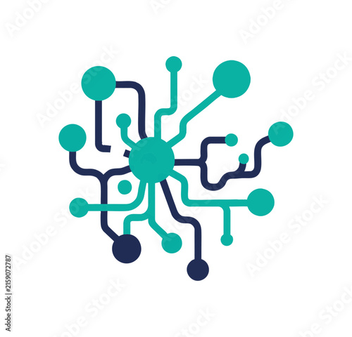 Abstract digital network connection icon with nodes and lines on white background.