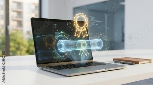 Futuristic online education and digital diploma certificate hologram with glowing graduation scroll award badge medal over laptop on modern office desk concept
