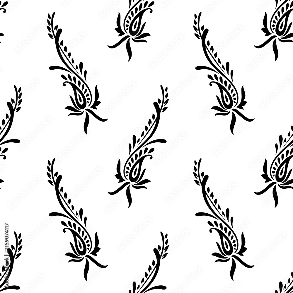Black and white paisley seamless pattern traditional ethnic motifs background