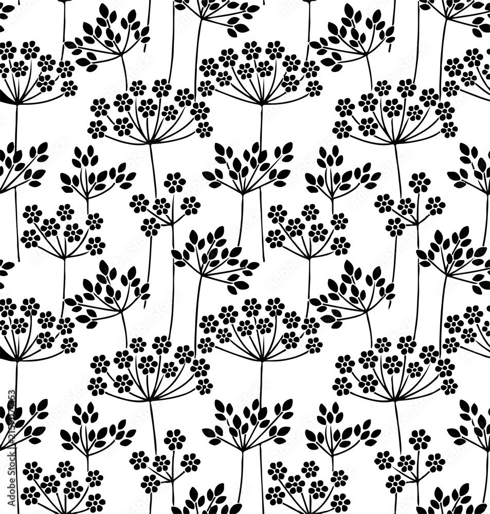 Black and white seamless floral botanical pattern background texture