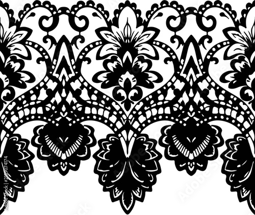 Fotografía Black lace border trim ornament with floral damask pattern ornament monochrome