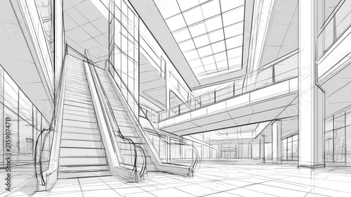 Modern Shopping Mall Interior with Escalators and Large Glass Windows