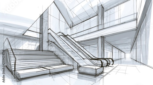 Modern Interior Design of Shopping Mall Entrance with Stairs and Escalator