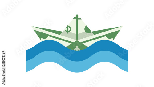A stylized paper boat made from a paper currency bill floating on blue waves.