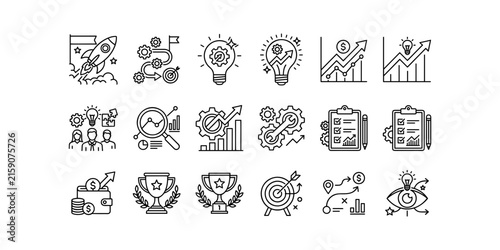 Business startup strategy growth icon set rocket bulb gears analytics clipboard trophy target vision vector line art collection.