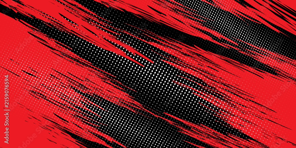 Fototapeta premium Dynamic red and black abstract background featuring diagonal distressed strokes, halftone texture, and bold graphic contrast. Suitable for posters, banners, covers, digital designs, and modern visual