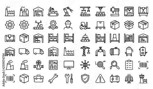 Factory Manufacturing and Industrial Automation Linear Icons Editable Stroke Vector Set