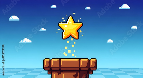 Retro pixel art golden star glimmers above a vintage video game pipe against a bright blue sky with fluffy clouds