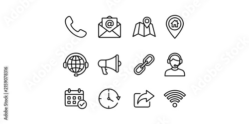 Contact us customer support communication icon set phone email map location megaphone support agent wifi vector collection.
