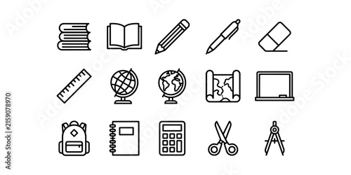 Education school supplies stationery icon set books pencil pen globe map blackboard backpack calculator compass vector collection.