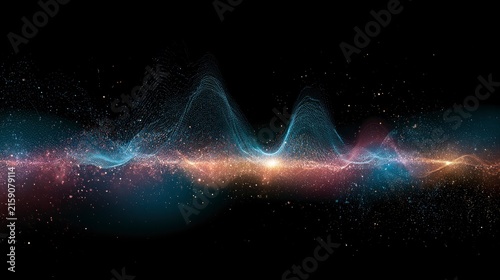 Vibrant Abstract Waveform with Colorful Light Trails and Particle Effects on Black Background