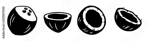 Quadro su tela Coconuts: Black and white silhouette set of whole and halved coconuts  isolated