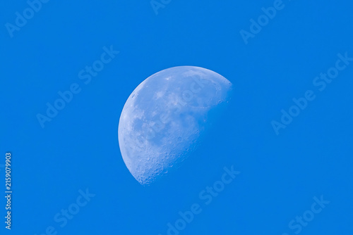 Fotografie Detailed shot of a waning gibbous moon visible during the daytime against a clear, solid blue sky