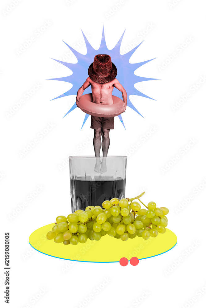 Naklejka premium Poster image vertical photo collage of anonym man jump cognac glass pool imitation instead head hat wear lifebuoy torso grape berry
