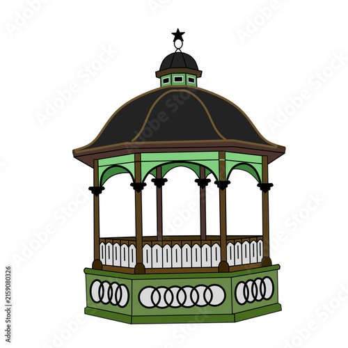 Ilustrasi vektor terisolasi dari gazebo taman heksagonal dekoratif dengan atap hitam dan aksen hijau muda.