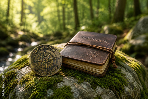 Weathered brass geocoin and leather logbook on mossy stone in sunlit forest.