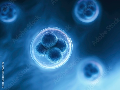 Magnified view of living cells showing internal structure and cell division process in blue tones