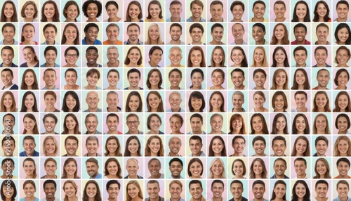 Diverse portrait collage, multicultural people headshots grid, smiling faces background