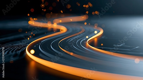 Nighttime Curved Highway with Light Trails and Bokeh Effect in Urban Setting