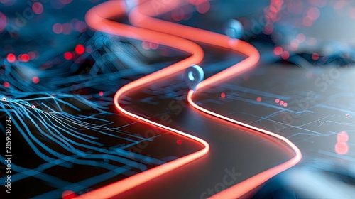 Abstract Digital Circuitry with Glowing Neon Path on Technological Background