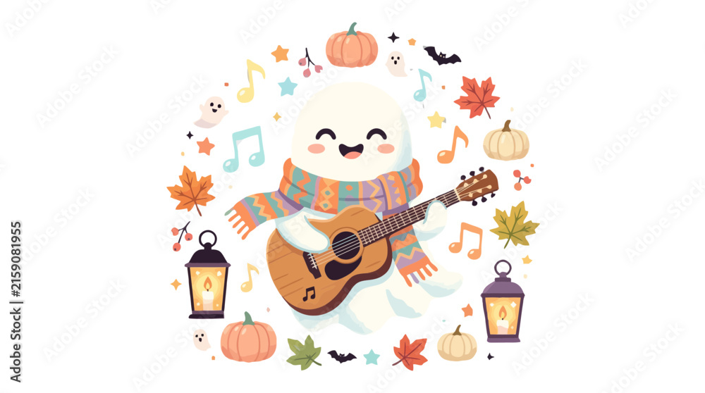 Fototapeta premium Cute halloween ghost playing acoustic guitar with autumn icons