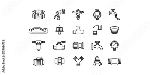 Garden irrigation system lawn watering equipment icon set hose sprinkler nozzle valve fittings line art vector collection.