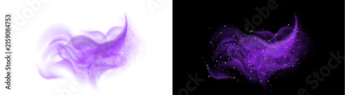PNG image of Swirling purple smoke wave with glowing magical dust particles and sparkling light effects flowing elegantly for creative design on transparent background