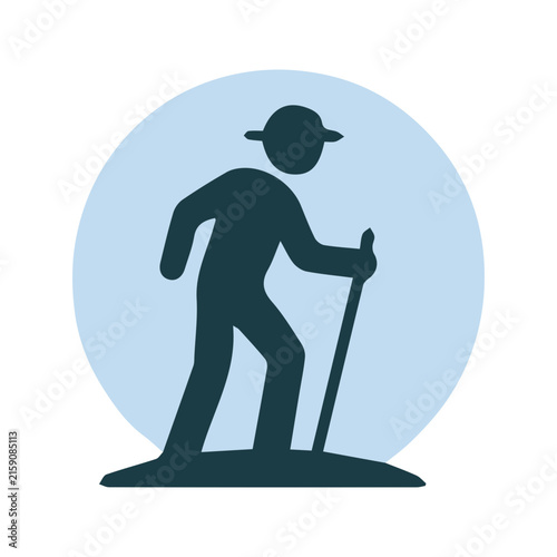 Minimalist vector icon of a hiker walking with a trekking pole on a circular background.