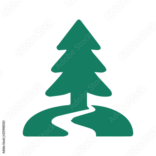 Minimalist green pine tree icon with a path leading through the landscape.