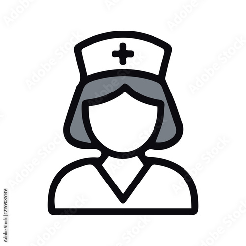 Simple flat line icon representing a professional female nurse with a medical cross hat.