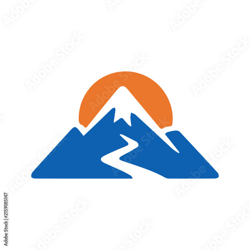 Minimalist vector illustration of a mountain peak with a sun and a winding path.