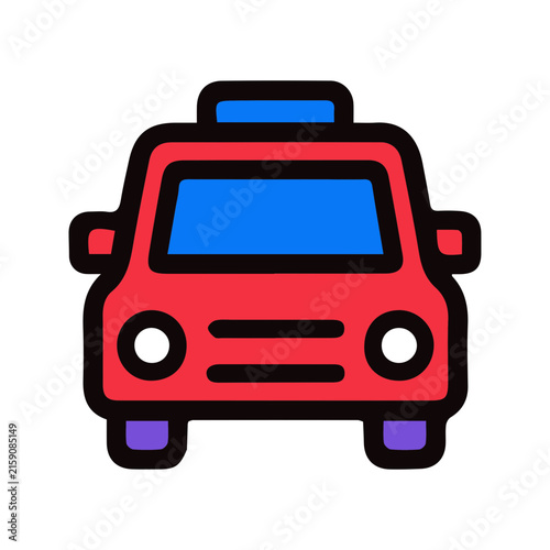 A simple flat vector icon of a red car with blue accents.