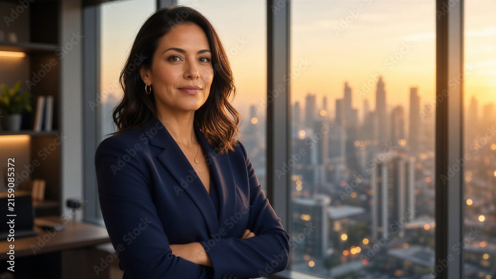 Fototapeta premium Professional businesswoman in a blue suit smiling confidently with a city skyline view from an office window