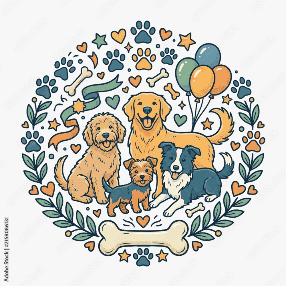Fototapeta premium Vector illustration of a Golden Retriever, Goldendoodle, Border Collie, and Terrier in a circular frame with paw prints, bones, balloons, hearts, and laurel branches on white.
