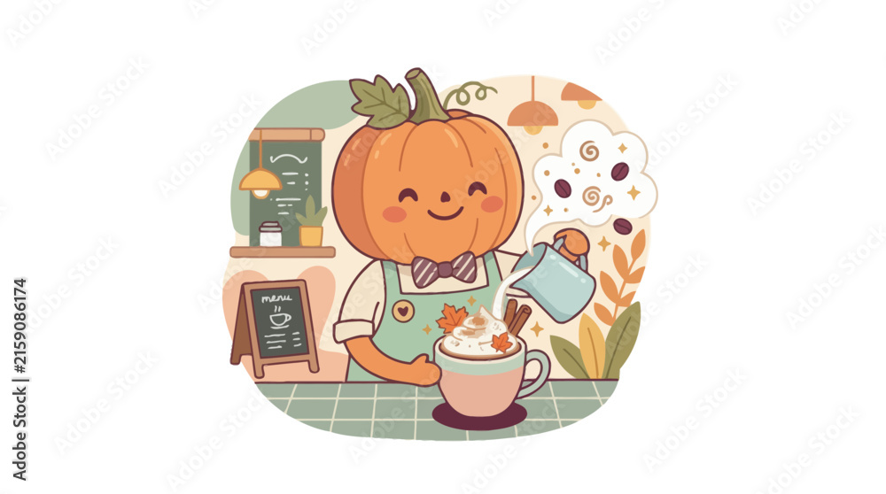 Naklejka premium Cute pumpkin barista preparing autumn latte in cozy cafe