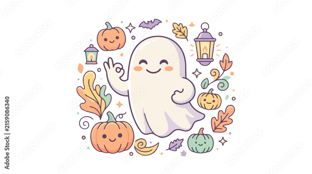 Fototapeta premium Cute ghost making ok gesture with pumpkins and autumn leaves vector