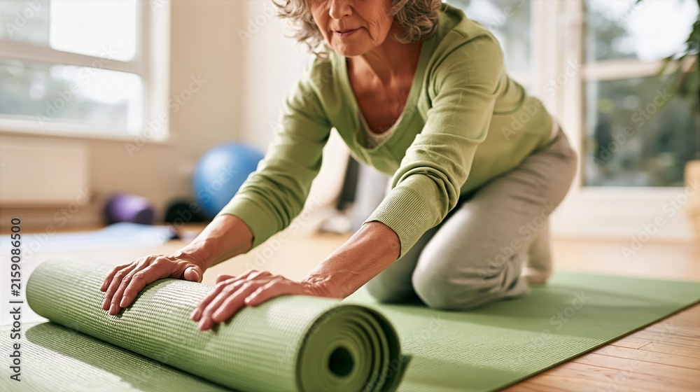 Naklejka premium Woman in 50s Rolling Out Yoga Mat in Bright Studio