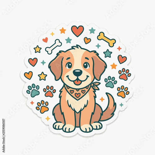 Vector sticker of a cartoon golden retriever puppy wearing a heart-patterned bandana, surrounded by various colorful paw prints, stars, hearts, and bones on a white background.