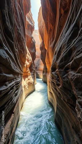 Winding passageway stretches through rocky walls, sunlight filtering in from above, seaweed, depth