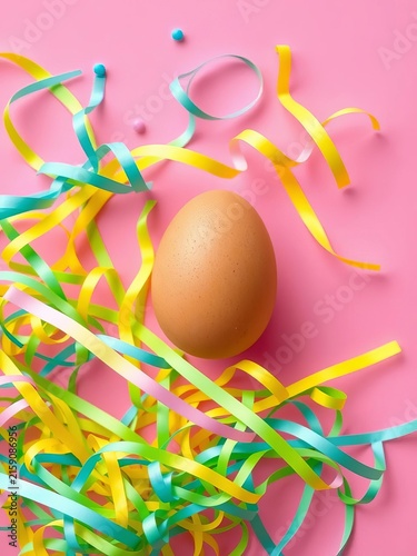 Egg with party streamers on pink background easter concept flat lay, colorful eggs, spring celebrations