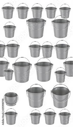 Grey buckets collection various sizes designs empty metal pails with handles flat vector illustration white background, graphic design, geometric shapes