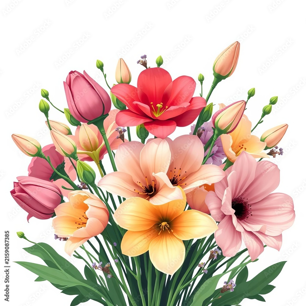 Obraz premium Stylized bouquet of flowers buds and green stems in decorative vector design, shape, texture