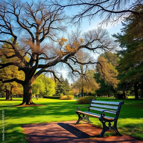 Serene park scene with majestic tree and weathered bench, nature, ||trees