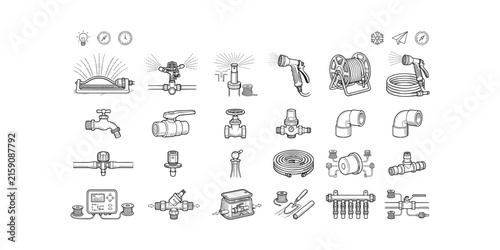Lawn garden irrigation system watering equipment icon set hose reel sprinkler valve controller line art vector collection.