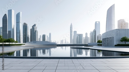 Modern City Skyline with Skyscrapers and Reflection Over Water
