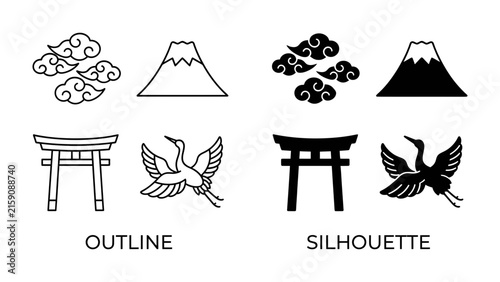 Japanese Icons: A collection of traditional Japanese symbols including Mount Fuji, clouds, torii gate, and a crane, presented in both outline and silhouette styles.