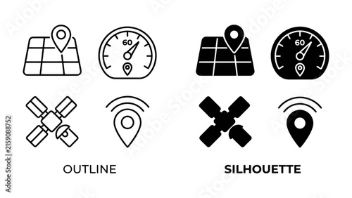 GPS Navigation Icons: A set of clear outline and silhouette icons representing GPS navigation, including a map with a pin, a speedometer, a satellite, and a location marker.